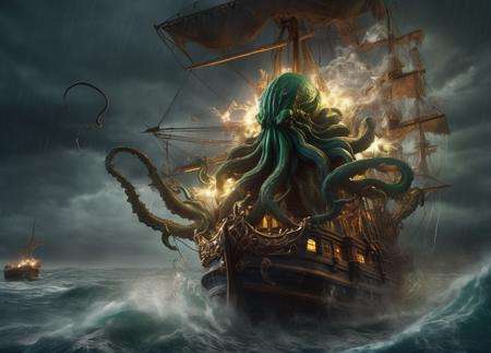 realistic, cthulhu rising from the sea in a storm smashing a pirate ship, intricately detailed, artistic lightning, particles, beautiful, amazing, highly detailed, digital art, sharp focus, trending on art station,