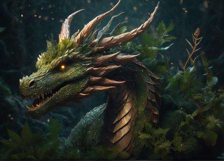 realistic, Dragon made of plants, desolate, intricately detailed, artistic lightning, particles, beautiful, amazing, highly detailed, digital art, sharp focus, trending on art station,