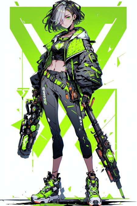 <lora:cyberpunk_overwatch:1>1girl, solo, breasts, looking_at_viewer, short_hair, gloves, navel, holding, green_eyes, standing, full_body, weapon, multicolored_hair, grey_hair, green_hair, shoes, choker, black_gloves, midriff, hood, hair_over_one_eye, gun, crop_top, hoodie, black_pants, sneakers, holding_gun, handgun, cropped_jacket, hand_in_pocket, cyberpunk, cropped_hoodie