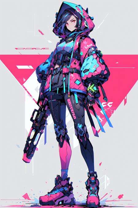 <lora:cyberpunk_overwatch:1>1girl, solo, looking_at_viewer, short_hair, red_eyes, gloves, holding, blue_hair, standing, jacket, full_body, weapon, pink_hair, shoes, puffy_sleeves, hood, gun, bodysuit, sneakers, hood_up, black_bodysuit, knee_pads, cyberpunk