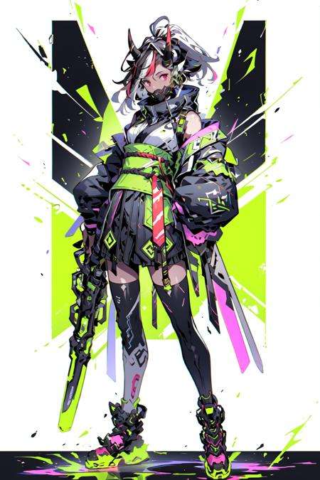 <lora:cyberpunk_overwatch:1>, 1girl, nakiri ayame, virtual youtuber, horns, solo, oni mask, oni horns, red eyes, thighhighs, multicolored hair, japanese clothes, weapon, mask, long hair, hair ornament, sword, bell, looking at viewer, white background, full body, oni, white thighhighs, red hair, white hair, kimono, simple background, mask on head, hair bell, katana, open mouth, sash, streaked hair, smile, gold trim, hair bun, black kimono, gradient hair, off shoulder, obi, okobo, double bun, long sleeves, sheath, frills, tassel, sheathed, hitodama, rope, standing, frilled sleeves, jingle bell, fang, shimenawa, bangs, bare shoulders