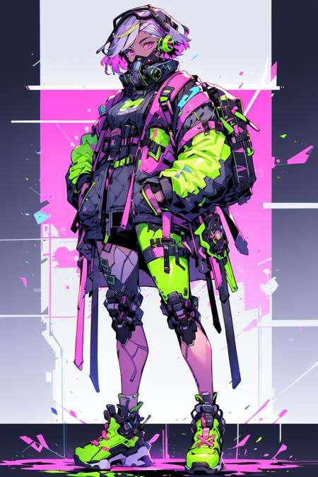 <lora:cyberpunk_overwatch:1>1girl, solo, looking_at_viewer, short_hair, gloves, standing, jacket, full_body, grey_hair, shoes, pink_eyes, bag, coat, backpack, sneakers, multicolored_clothes, science_fiction, hands_in_pockets, covered_mouth, knee_pads, cyberpunk