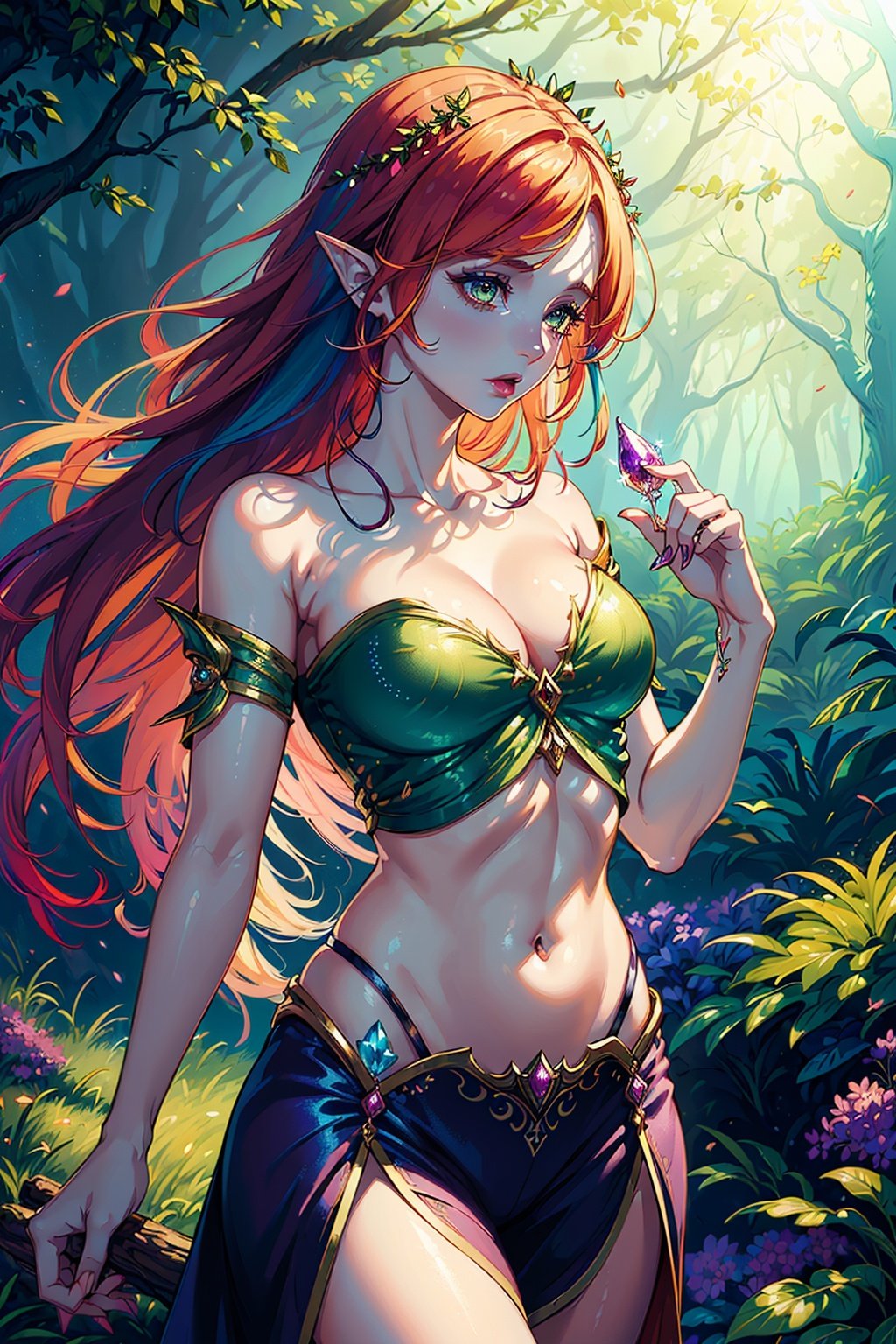 (beautiful female fey nature creature:1.3), (detailed:1.5), (background is a gorgeous supernatural magical fantasy forest:1.4), (rainbow colored hair:1.2), , (fantasy:1.5), (wearing cute fey croptop)