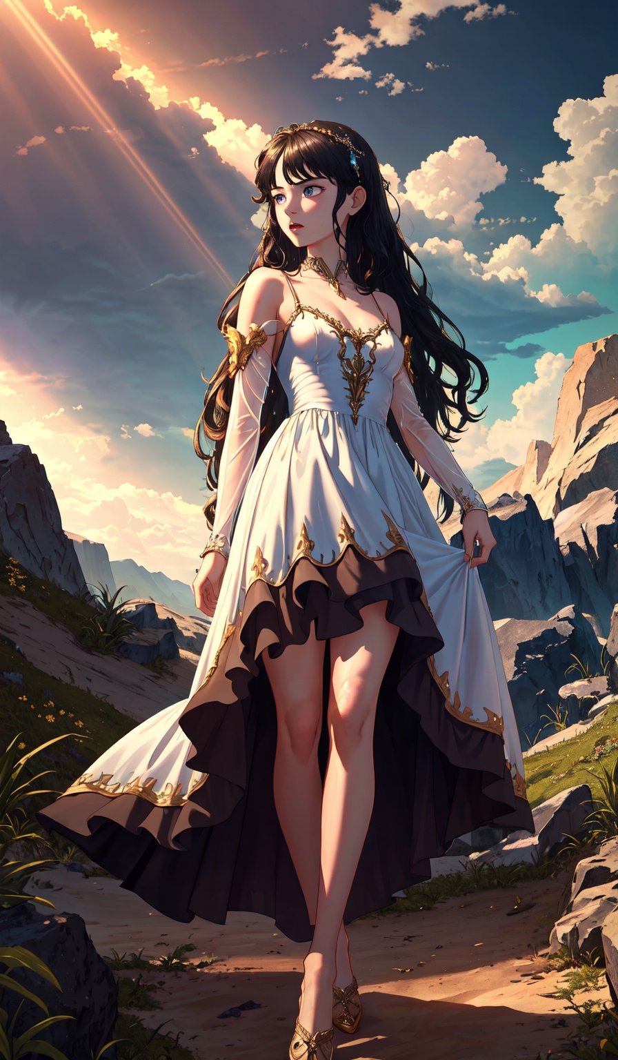 (masterpiece:1.3), official art, 8k, Henning Jakob Henrik Lund, 1girl, delicate, small breasts, very long hair,  dress, (dress lift:1.0),  bare legs detailed fantasy landscape, masterpiece, best quality, CG, wallpaper, high quality, high-definition, extremely detailed, global illumination,  crepuscular rays, scattering, (transparency:1.2)