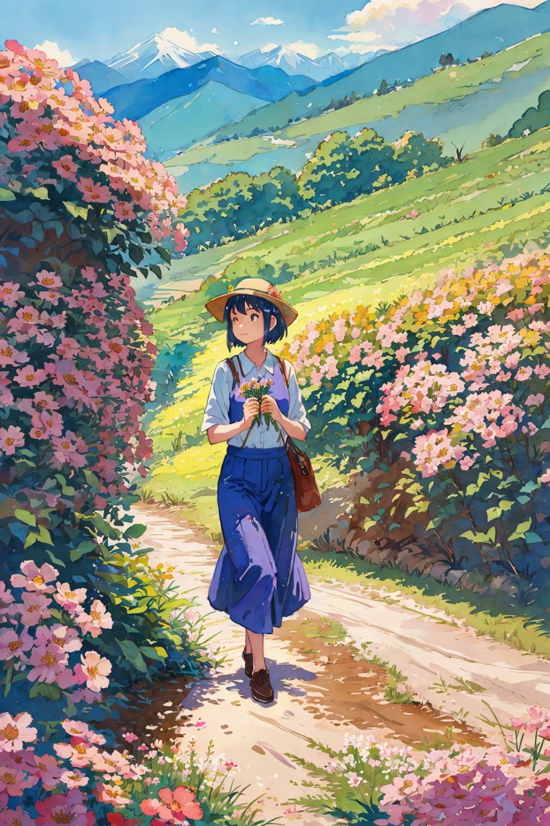 (masterpiece,watercolor:0.6),a girl walking along flower field in a sunny shiny day,Looking up at the sky,There are mountains in the distance