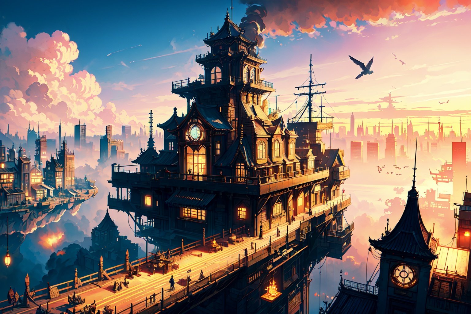 (masterpiece:1.2), best quality,fantasy,(steampunk:1.2), complex, street, city, steam, machine,dreamlike,scenery,future,orange light,blue sky,cityscape,blue spot,panorama,steam,((air city)),bird angle,nijistyle,houtufeng,midjourney