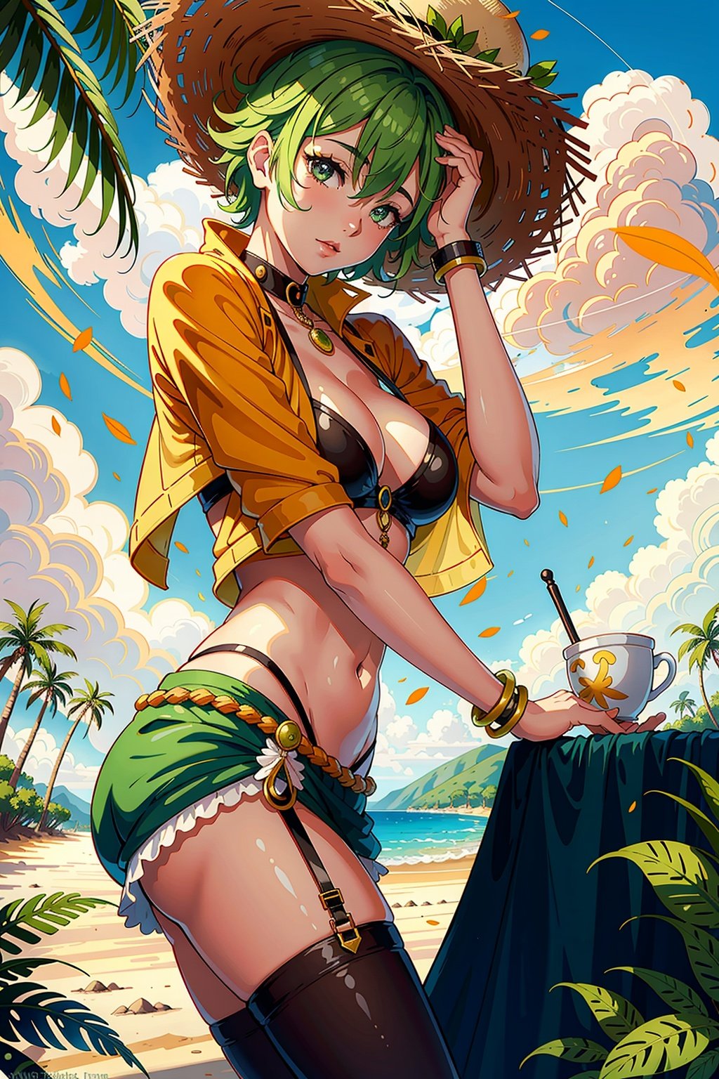 safari worker, cute Kazakh girl, dazzling Tangerine eyes, framed breasts, Lime green afro hair, A beautiful oasis with palm trees swaying in the breeze, providing shade and shelter from the scorching sun., thick lines, anime style, wushen\(full)\ halfrear lighting, Trechcore, Hesistcore, coffee paint   