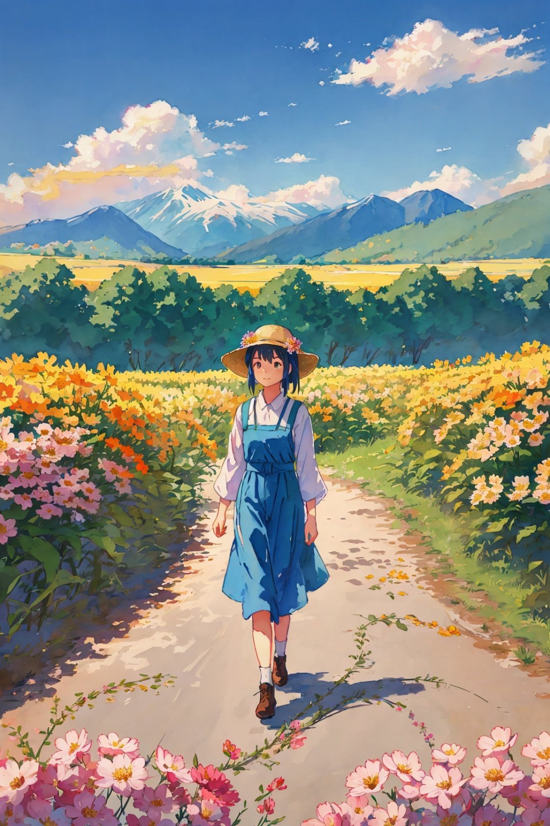 (masterpiece,watercolor:0.6),a girl walking along flower field in a sunny shiny day,Looking up at the sky,There are mountains in the distance