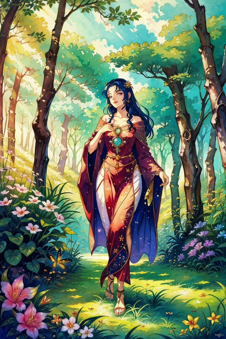 illustration by brian Froud, Ultra-high resolution, dreamy perspective,a lady finds herself in a fantastic forest with towering trees radiating a mysterious light from their canopies. She walks down a path and encounters magical creatures and breathtaking plants, BREAK, glowing fireflies on the grass and surrounded by glowing rubies, ultra detail, frosty anime stye