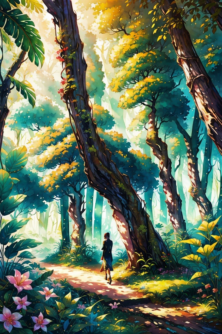 (illustration by antony gormley:0.8), 8K,HD,ultra detailed, dreamy perspective,a lady finds herself in a fantastic forest with towering trees radiating a mysterious light from their canopies. She walks down a path and encounters magical creatures and breathtaking plants, ultra detail, frosty anime stye