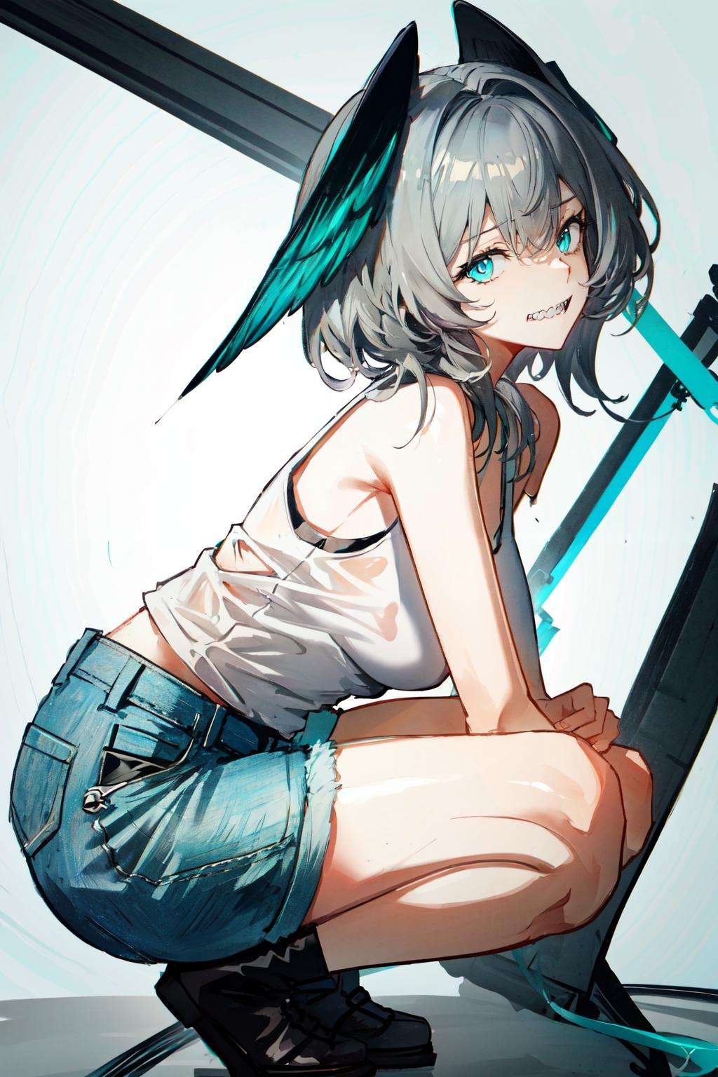 <lora:hoolheyak:1>hoolheyak(arknights), aqua eyes, gray hair, head wings, tank top , denim shorts, slav squatting, from side, looking at viewer, sharp teeth, 