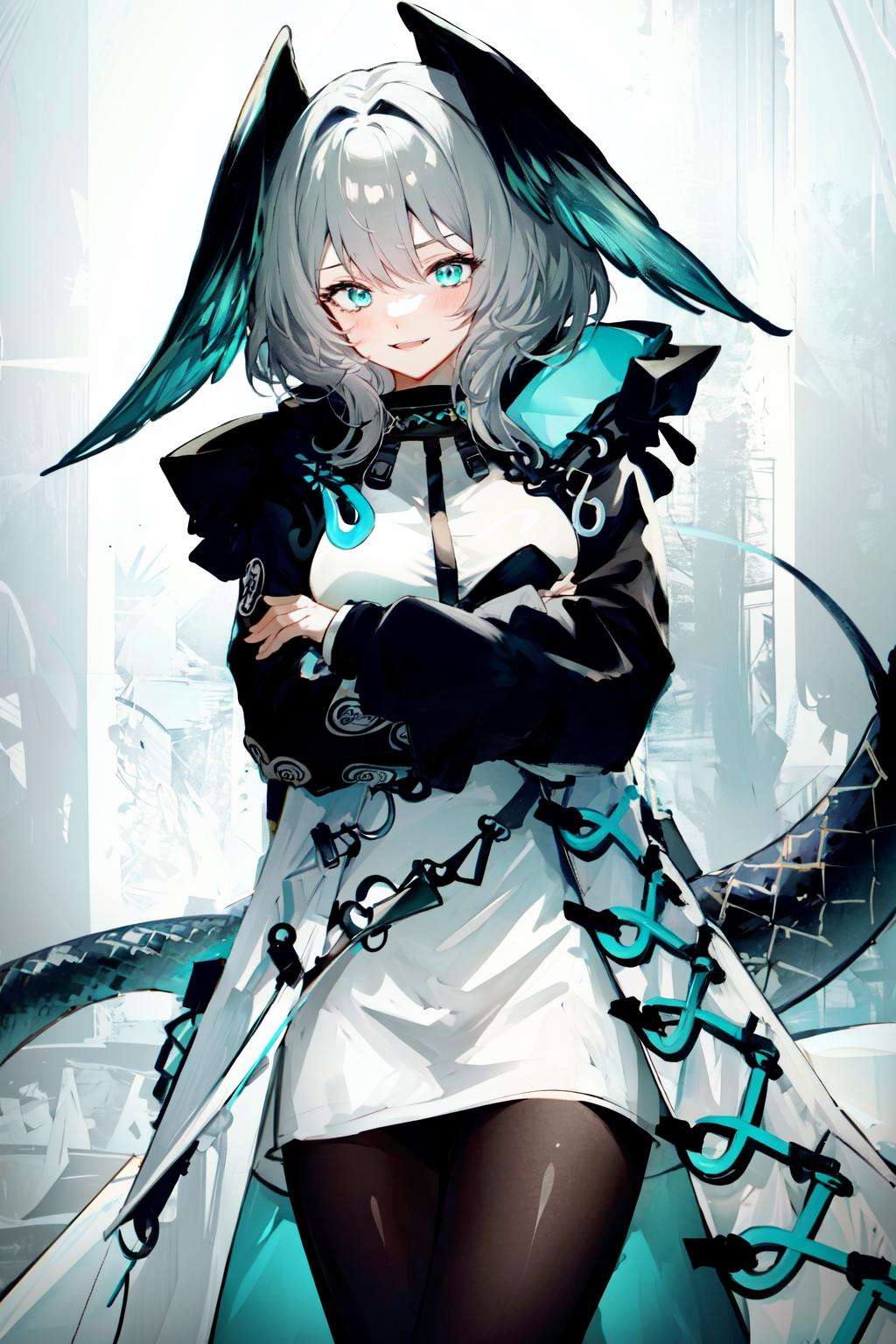 <lora:hoolheyak:1>hoolheyak(arknights), 1girl, head wings, tail, black pantyhose, solo, crossed arms, dress, long sleeves, grey hair, white dress, coat ,smile ,blush ,aqua eyes,