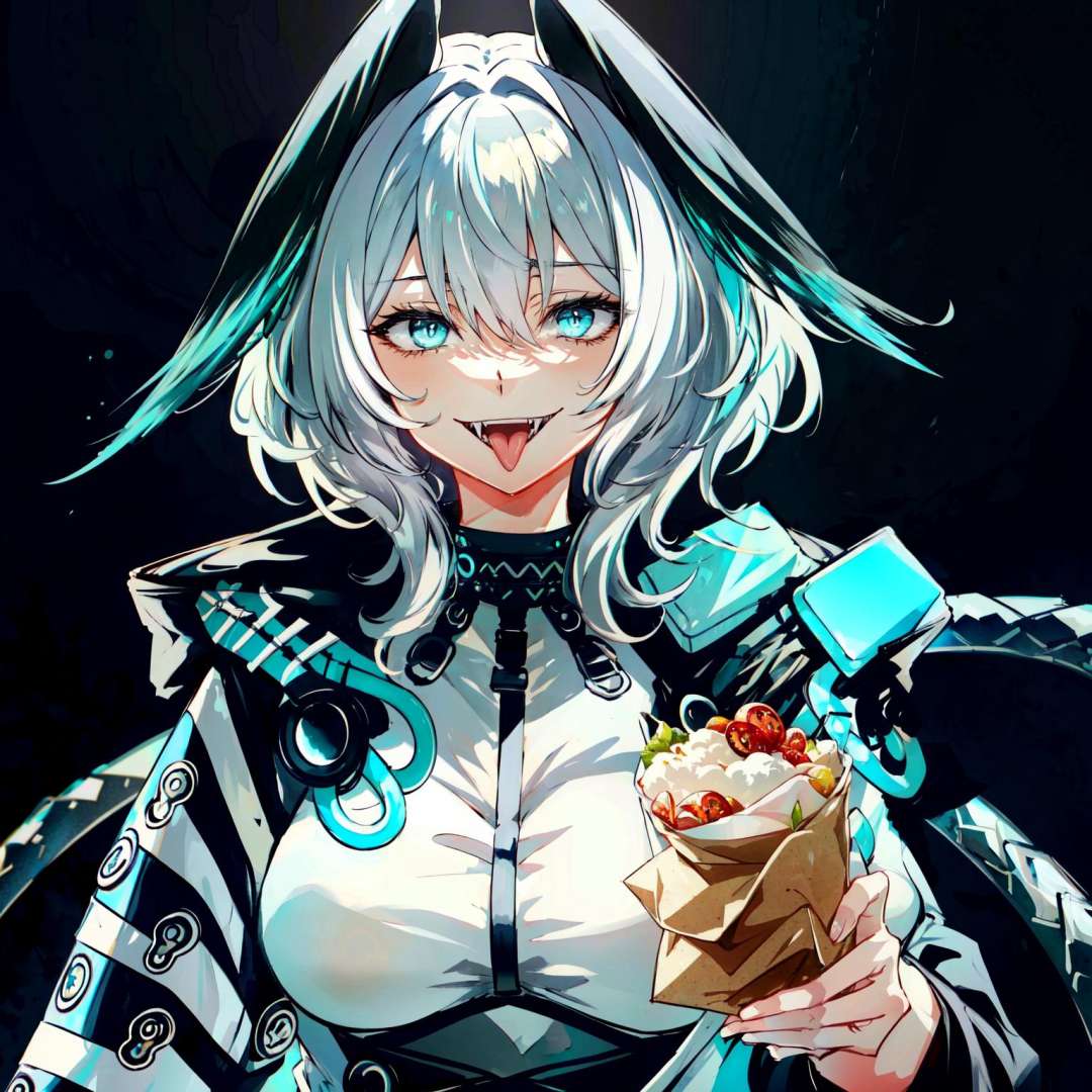 hoolheyak(arknights), 1girl, blue eyes, solo, holding, upper body, food, tongue, tongue out, black background, smile, grey hair, long tongue, hair between eyes, looking at viewer, teeth, fangs, large breasts <lora:hoolheyak:1> 