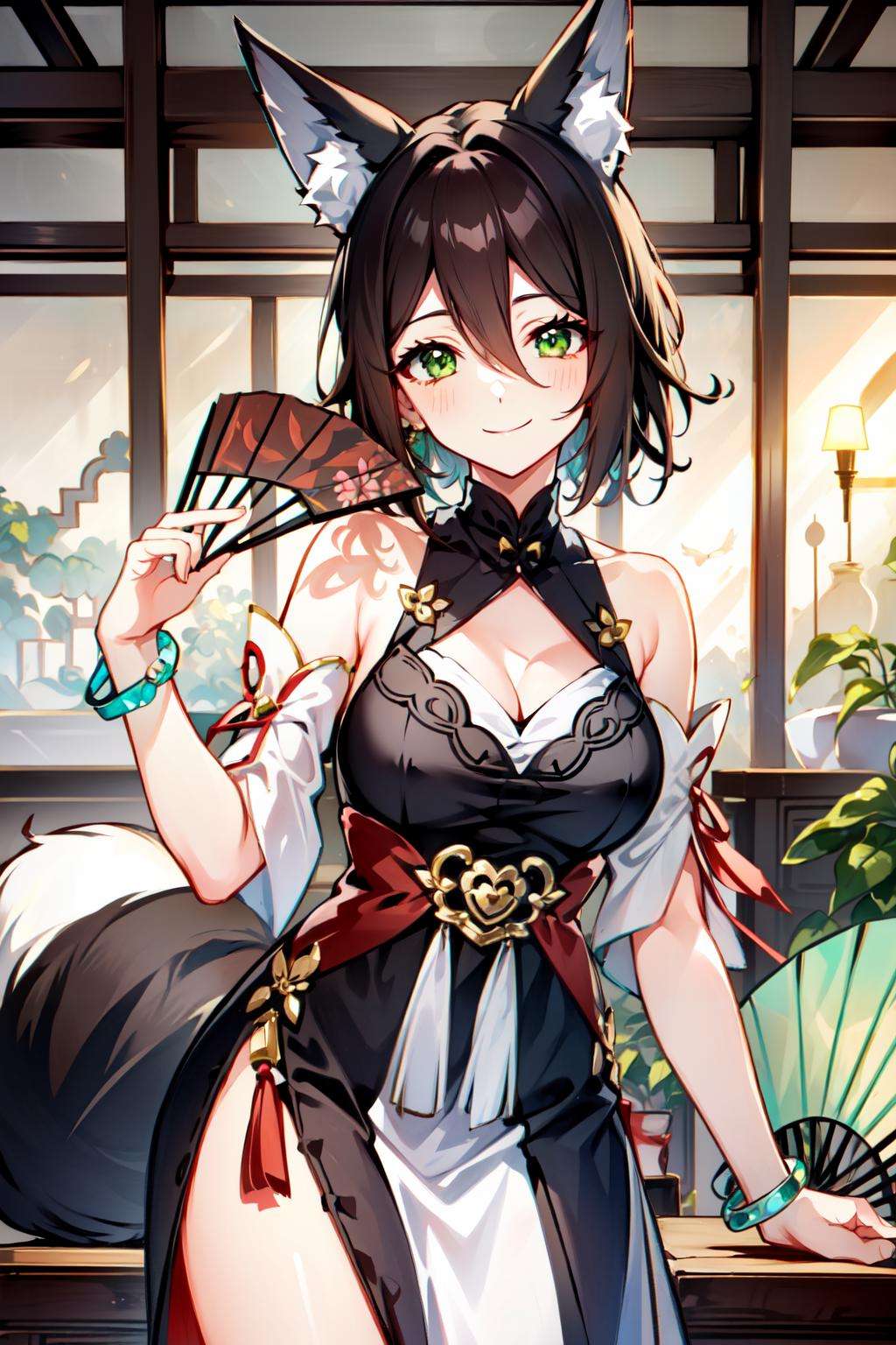 <lora:tingyun:0.7>tingyun(hsr), green eyes, fox ears, tail, looking at viewer, hair between eyes, indoors, vase, jewelry, hand fan, bare shoulders, bracelet, animal ear fluff, solo, detached sleeves, sleeveless, brown hair, holding fan, 1girl, dress, blurry, animal ears, folding fan, smile, closed mouth, holding