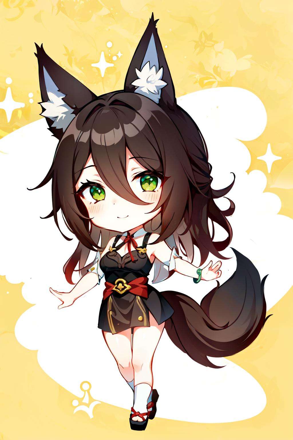 <lora:tingyun:0.7> tingyun(hsr), fox girl, solo, brown hair, long hair, green eyes, animal ear fluff, 1girl, fox tail, animal ears, fox ears, full body, tail, looking at viewer, hair between eyes, chibi