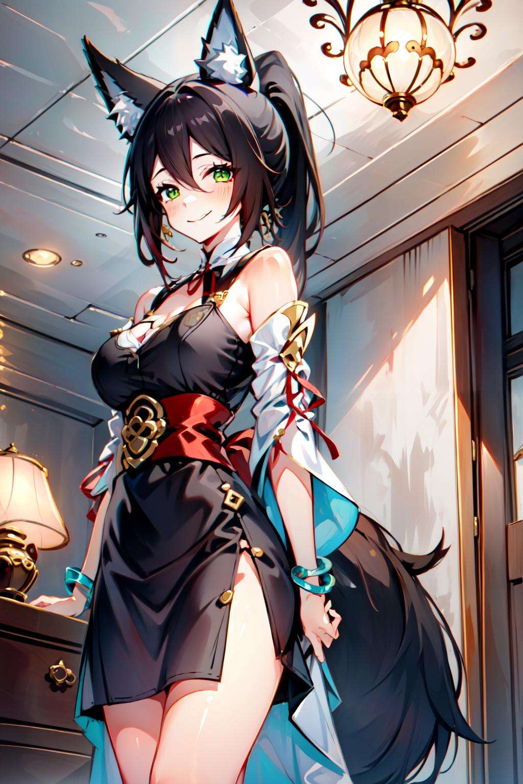 <lora:tingyun:1> tingyun(hsr), from below, green eyes, blush, short dress, ceiling, fox ears, ceiling light, tail, looking at viewer, underbust, indoors, fox girl, jewelry, large breasts, black hair, standing, sash, cleavage cutout, bangle, bare shoulders, thighs, sidelocks, bracelet, long hair, animal ear fluff, cowboy shot, fox tail, bead bracelet, solo, detached sleeves, brown hair, clothing cutout, 1girl, dress, ponytail, black dress, animal ears, smile, closed mouth, cleavage