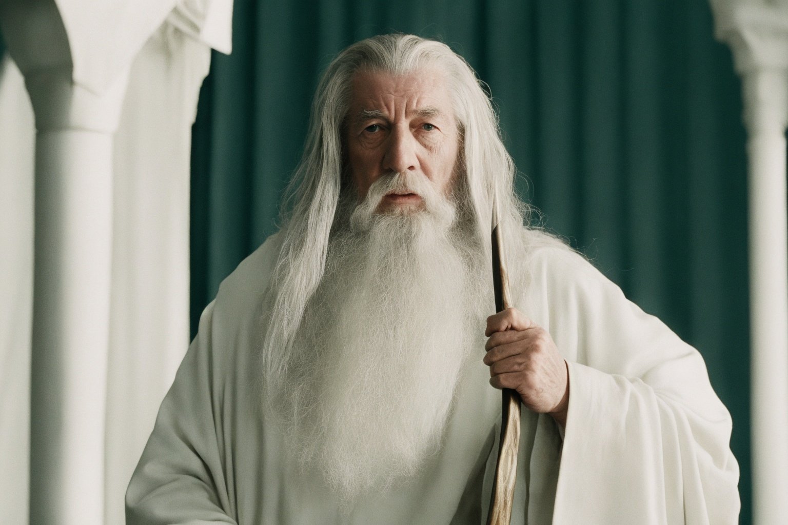 photo of the wizard Gandalf from Lord of the Rings <lora:lord_of_the_rings_offset:1>, film grain, white beard, white robe