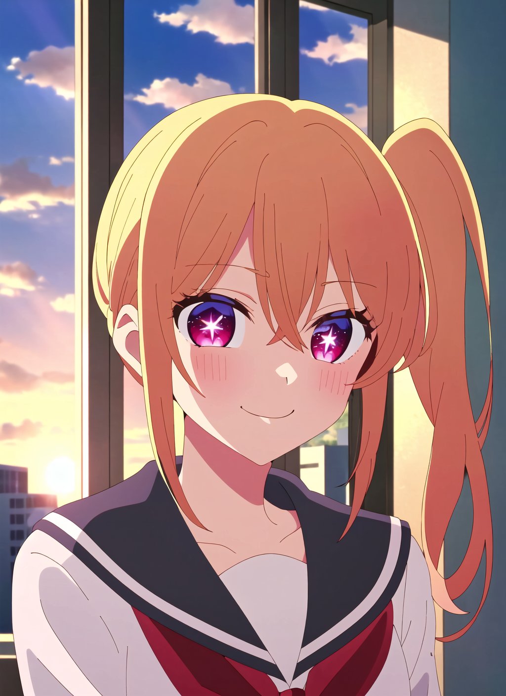 oshi no ko <lora:oshi_no_ko_offset:1>, masterpiece, best quality, 1girl, solo, school uniform, smile, window, blonde hair, white sailor collar, sailor collar, serafuku, bangs, closed mouth, sunset, upper body, hair between eyes, cloud, side ponytail, sky, indoors, blurry, shirt, sidelocks, looking to the side, red neckerchief, blurry background, symbol-shaped pupils, anime coloring, pink eyes