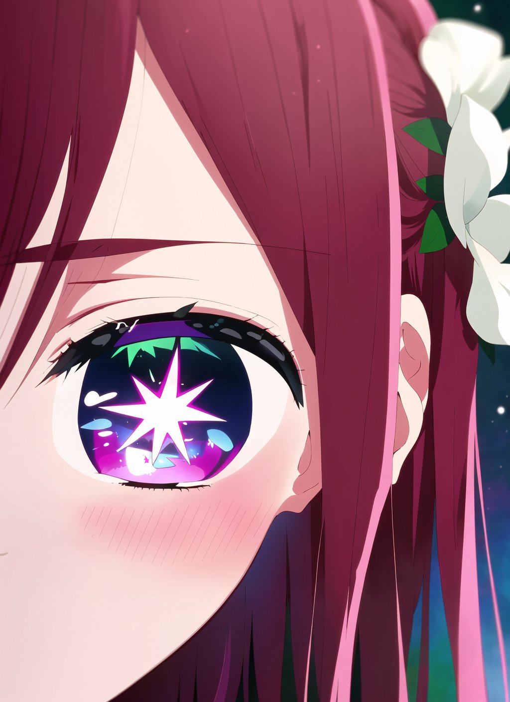 oshi no ko <lora:oshi_no_ko_offset:1>, masterpiece, best quality, eye focus, 1girl, solo, blurry, looking at viewer, close-up, bangs, depth of field, multicolored hair, flower, blurry foreground, purple eyes, purple hair, reflection, white flower, star \(symbol\), multicolored eyes, streaked hair, hair between eyes, virtual youtuber, blue eyes