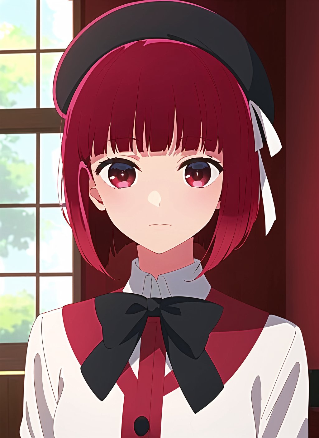 oshi no ko <lora:oshi_no_ko_offset:1>,  1girl, solo, hat, short hair, red hair, red eyes, ribbon, white ribbon, beret, bangs, looking at viewer, closed mouth, blurry, portrait, blunt bangs, blurry background, indoors, hair ribbon, bob cut, black headwear, virtual youtuber, expressionless, ((masterpiece))