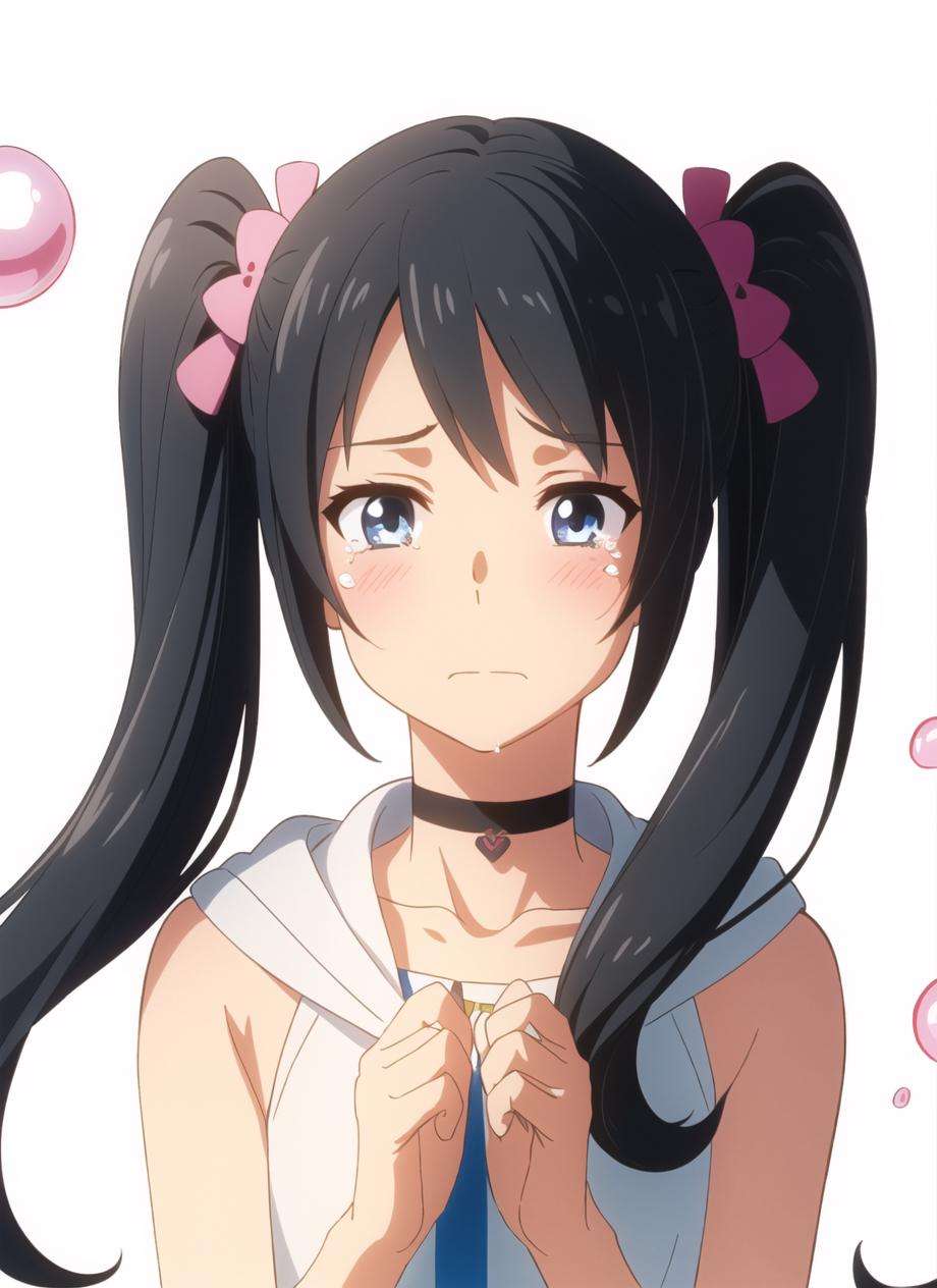 shinkai makoto, tenki no ko, amano hina \(tenki no ko\), 1girl, air bubble, bare arms, black choker, black hair, blue eyes, bubble, choker, closed mouth, collarbone, hood, hoodie, lens flare, long hair, own hands clasped, own hands together, simple background, sleeveless, sleeveless hoodie, solo, tearing up, tears, twintails, upper body, white background, white hoodie<lora:shinkai_makoto_offset:1>