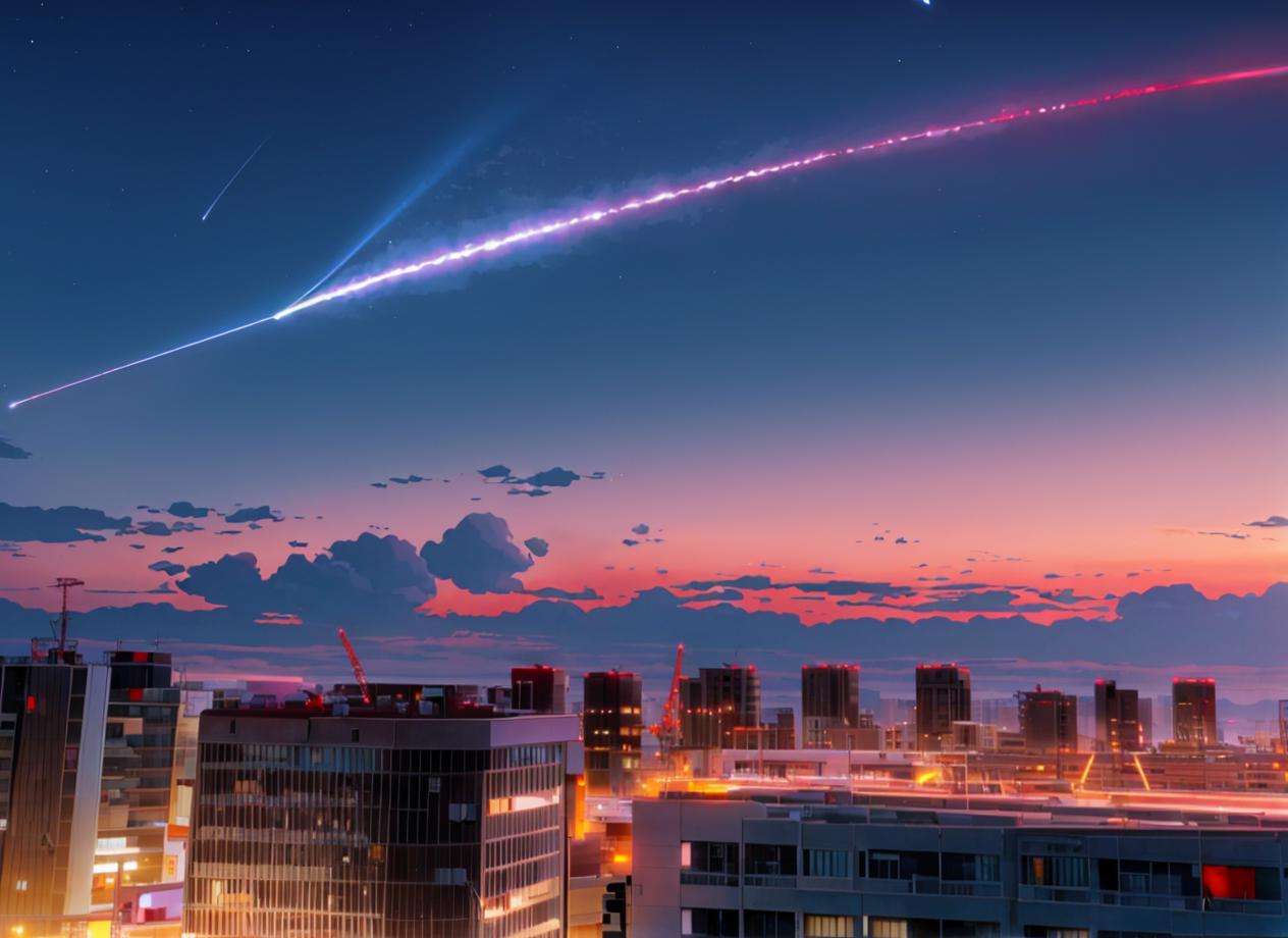 shinkai makoto, kimi no na wa., air conditioner, antennae, architecture, building, cable, city, cloud, cloudy sky, comet, crane (machine), house, industrial pipe, japan, light, night, night sky, no humans, outdoors, pipeline, satellite dish, shinjuku (tokyo), sky, star (sky), tokyo (city), window<lora:shinkai_makoto_offset:1>