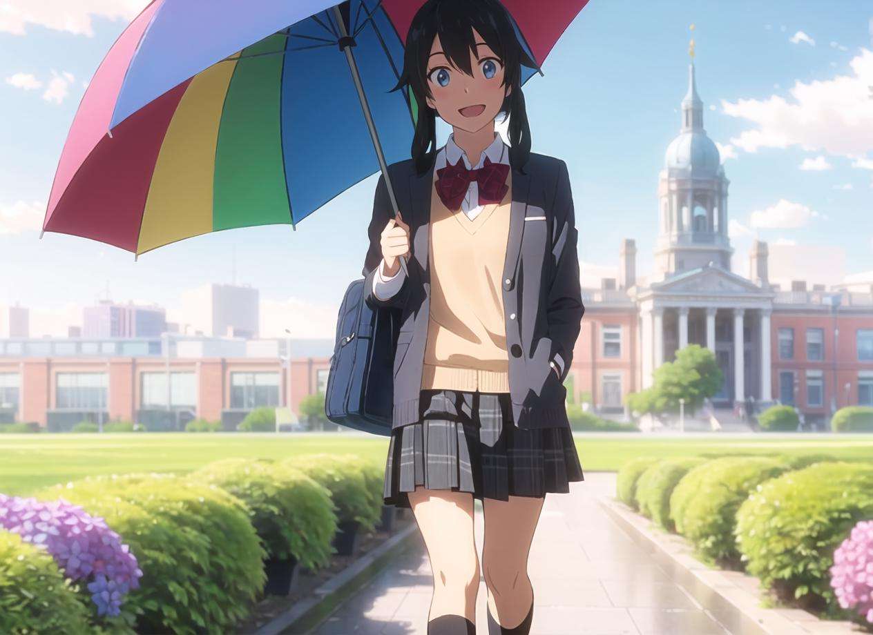 shinkai makoto, tenki no ko, 1girl, solo, skirt, blue eyes, outdoors, umbrella, flower, rainbow, hydrangea, smile, plaid skirt, open mouth, black hair, holding, school uniform, bag, socks, shirt, plaid, long hair, bow, jacket, rain, cloud, white shirt, kneehighs, black socks, day, :d, sky, holding umbrella, school bag, building, bowtie, bangs, blazer, long sleeves, pleated skirt, collared shirt, tree, red bow, cardigan, black jacket, looking at viewer, twintails, blue sky, purple flower, cloudy sky, standing, red bowtie, blush, hair between eyes, open clothes, pink flower <lora:shinkai_makoto_offset:1>