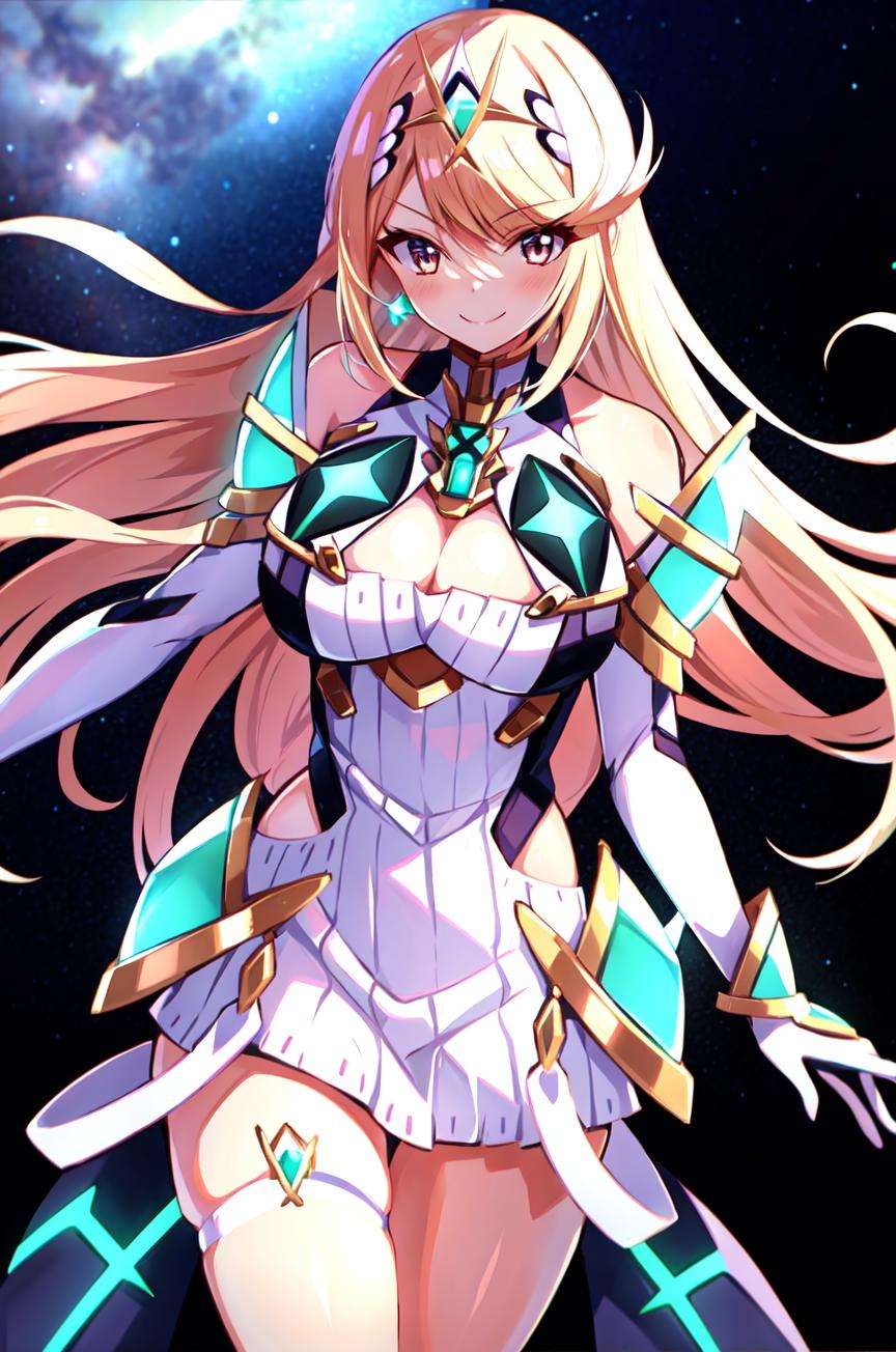 mythra \(xenoblade\), 1girl, armor, bangs, bare shoulders, blonde hair, breasts, cleavage, closed mouth, dress, earrings, elbow gloves, eyelashes, floating hair, gem, gloves, hair ornament, hairband, headpiece, jewelry, large breasts, leaning back, long hair, neon trim, official art, pose, saitou masatsugu, sidelocks, skin tight, smile, solo, standing, swept bangs, tiara, space background, very long hair, white dress, xenoblade chronicles \(series\), (xenoblade chronicles 2),<lora:mythra_pyra_pneuma:0.6>