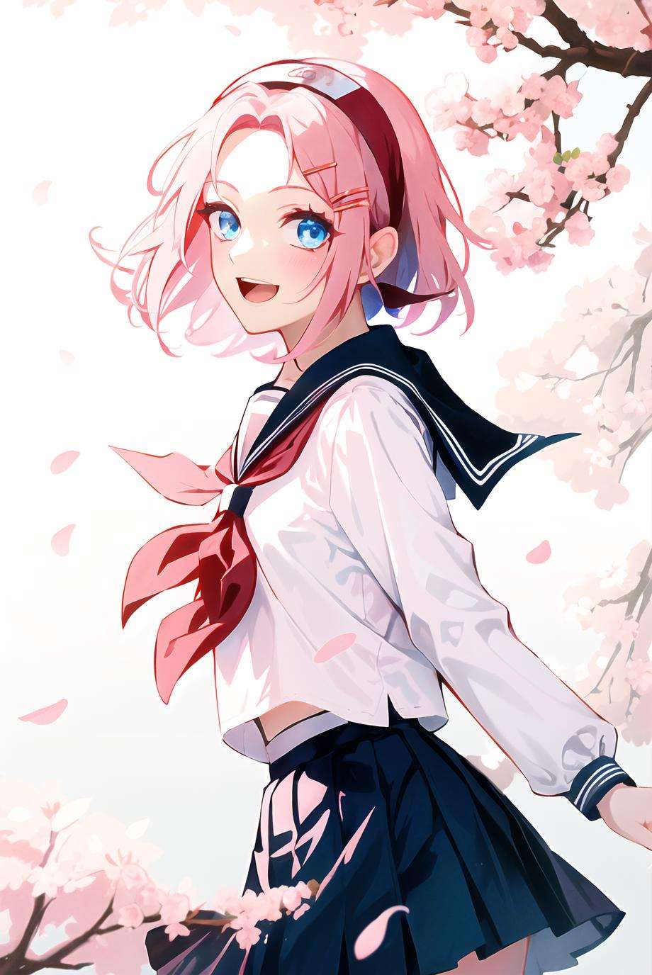 haruno sakura, naruto \(series\), naruto,1girl, :d, alternate costume, blue eyes, cherry blossoms, collared shirt, flower, from side, grey sailor collar, grey skirt, hair flower, hair intakes, hair ornament, headband, long sleeves, looking at viewer, neckerchief, open mouth, pink flower, pink hair, pleated skirt, red headband, red neckerchief, sailor collar, sailor shirt, school uniform, shirt, short hair, skirt, smile, solo, standing, white background, white shirt, ((masterpiece))<lora:sakura:0.65>