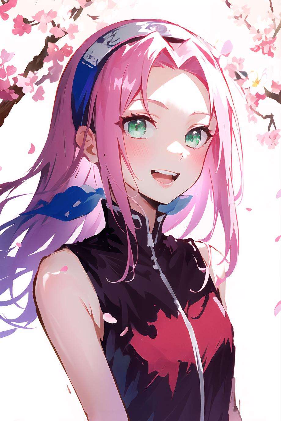 haruno sakura, naruto \(series\), naruto,1girl, blue headband, breasts, cherry blossoms, green eyes, grin, hair intakes, headband, jacket, long hair, looking at viewer, open mouth, pink hair, red jacket, sketch, sleeveless, sleeveless jacket, small breasts, smile, solo, upper body, portrait, aged down, flat chest,, ((masterpiece))<lora:sakura:0.65>