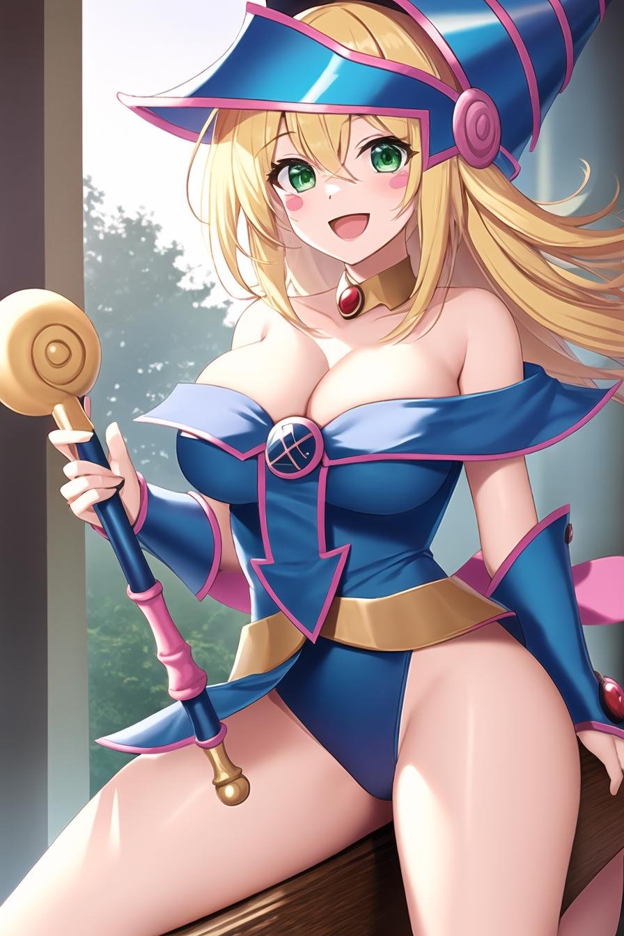 dark magician girl, masterpiece, best quality, 1girl, :d, bare shoulders, blonde hair, blush stickers, breasts, cleavage, duel monster, green eyes, hat, large breasts, leotard, long hair, looking at viewer, open mouth, smile, solo, staff riding, thighs, wand<lora:dark_magician_girl:0.6>