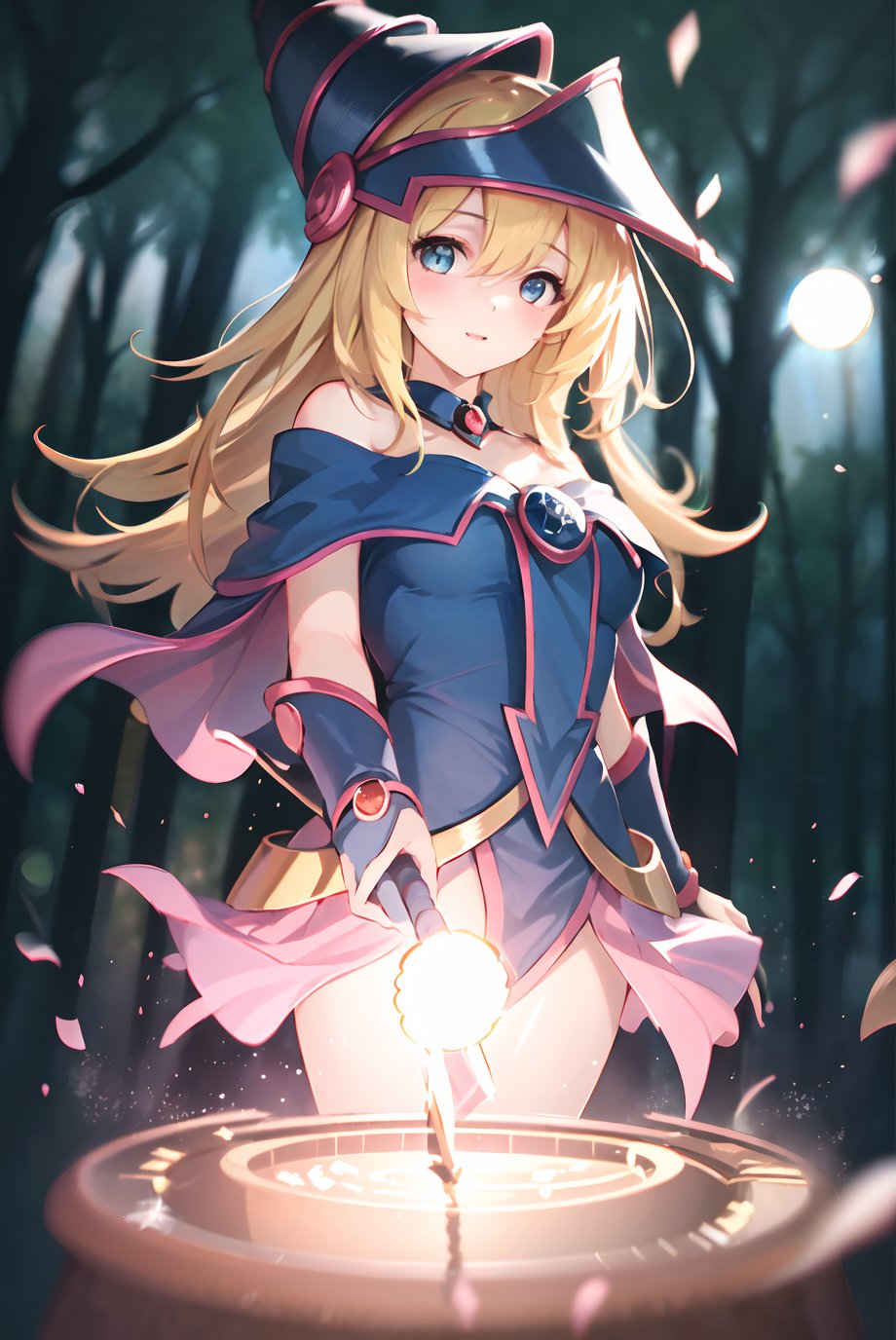 dark magician girl, mksks style, (very detailed background:1.0), (highly detailed background:1.0), masterpiece, best quality, (1girl), solo, (forest), long hair, blonde hair, blue headwear, wizard hat, spell casting, nature, trees:1.2, motion blur, magic, (moonlight:1.2), chromatic aberration, depth of field, soft lighting, highly detailed face, highly detailed eyes  <lora:dark_magician_girl_offset:1> <lora:dpep2768:0.7>