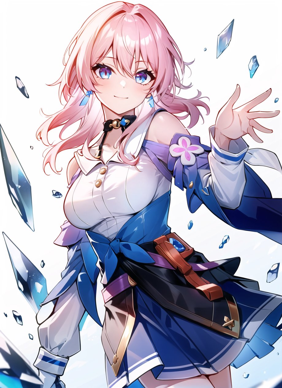 march 7th \(honkai: star rail\), 1girl, blue eyes, blue skirt, breasts, detached sleeves, earrings, ice, jewelry, long sleeves, medium breasts, medium hair, pink hair, shirt, skirt, solo, star \(symbol\), star earrings, white shirt <lora:march_7th__honkai _star_rail__offset:1>