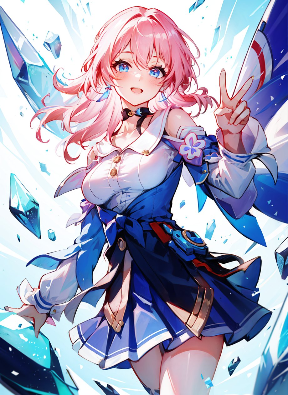 march 7th \(honkai: star rail\), 1girl, blue eyes, blue skirt, breasts, detached sleeves, earrings, ice, jewelry, long sleeves, medium breasts, medium hair, pink hair, shirt, skirt, solo, star \(symbol\), star earrings, white shirt <lora:march_7th__honkai _star_rail__offset:1>