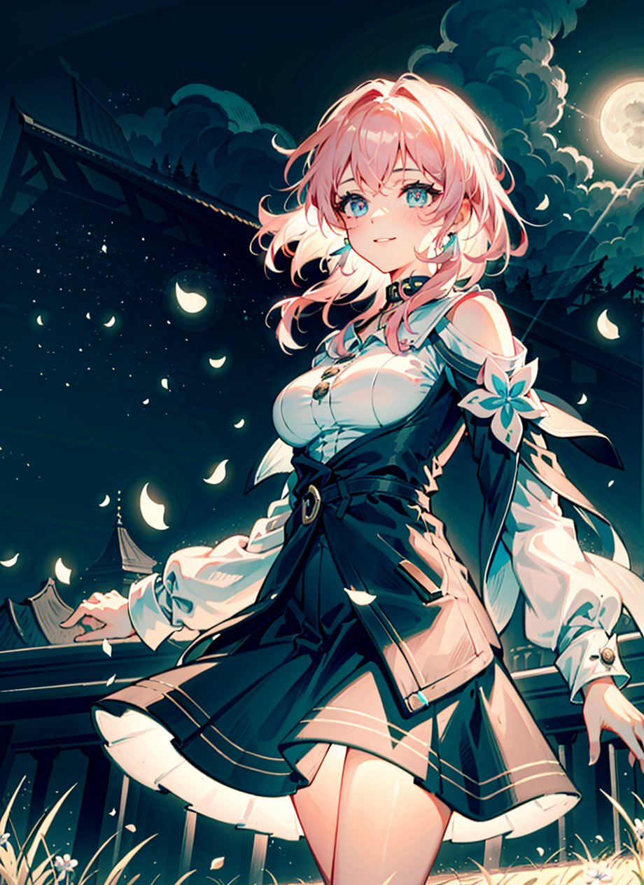 march 7th \(honkai: star rail\), 1girl, blue eyes, blue skirt, breasts, detached sleeves, earrings, ice, jewelry, long sleeves, medium breasts, medium hair, pink hair, shirt, skirt, solo, star \(symbol\), star earrings, white shirt <lora:march_7th__honkai _star_rail__offset:0.9>masterpiece, best quality, 1girl, (colorful),(finely detailed beautiful eyes and detailed face),cinematic lighting,bust shot,extremely detailed CG unity 8k wallpaper,white hair,solo,smile,intricate skirt,((flying petal)),(Flowery meadow) sky, cloudy_sky, building, moonlight, moon, night, (dark theme:1.3), light, fantasy,