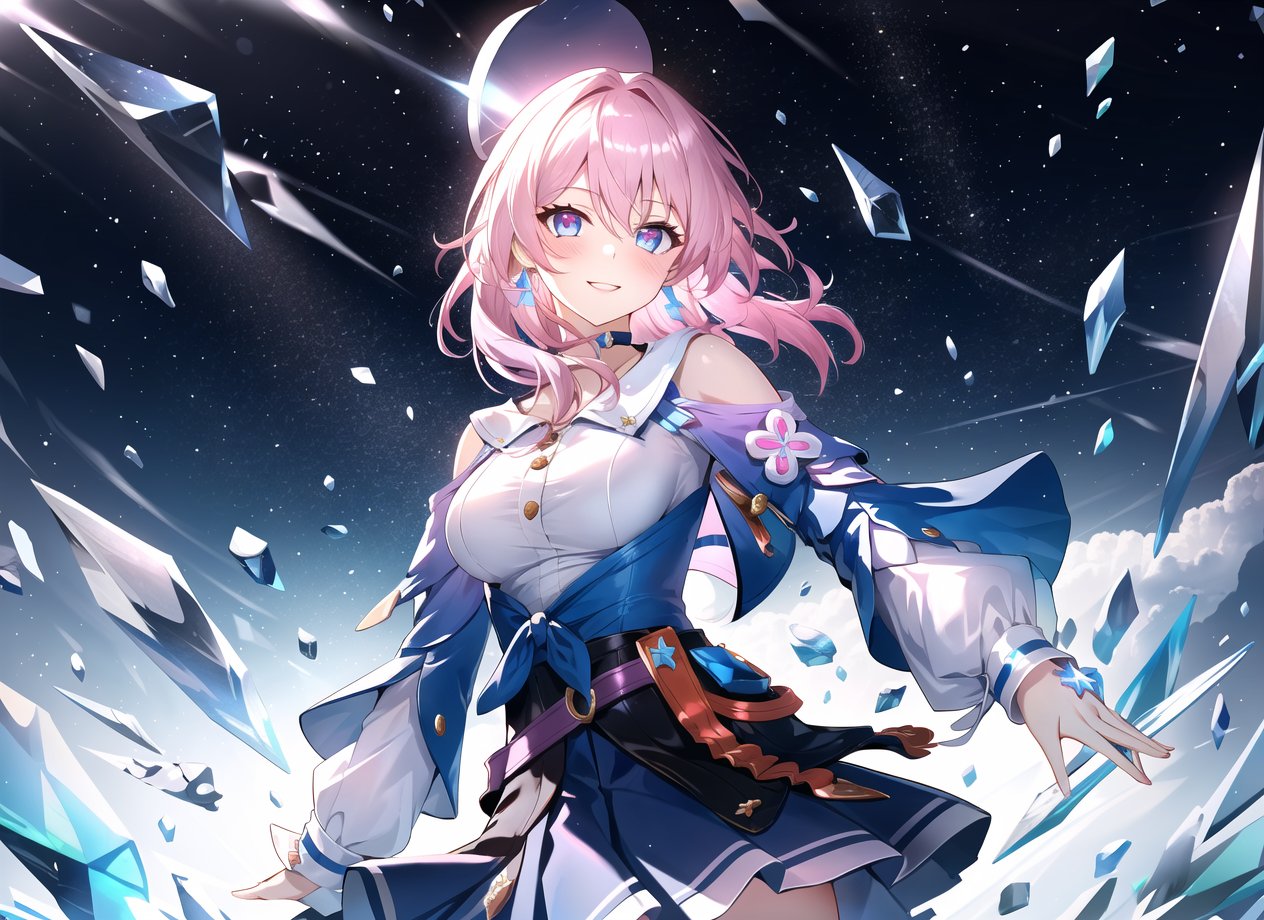 march 7th \(honkai: star rail\), 1girl, blue eyes, blue skirt, breasts, detached sleeves, earrings, ice, jewelry, long sleeves, medium breasts, medium hair, pink hair, shirt, skirt, solo, star \(symbol\), star earrings, white shirt <lora:march_7th__honkai _star_rail__offset:1>