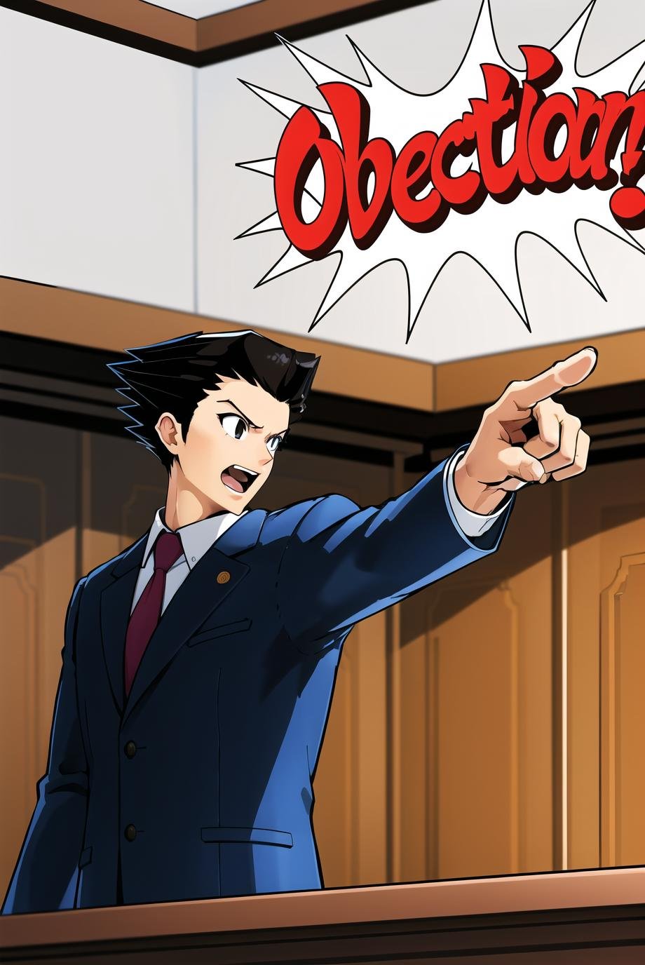 objection, ace attorney,  phoenix wright , 1boy, black eyes, blue necktie, brown hair, courtroom, cropped jacket, jacket, necktie, open jacket, open mouth, pointing, <lora:objection:0.7>