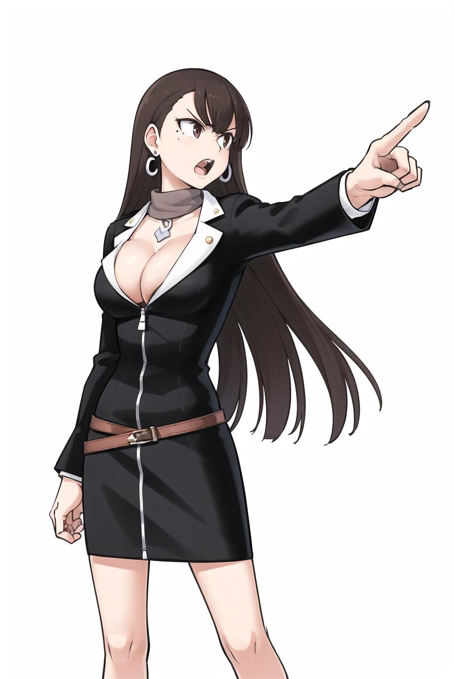 objection, ace attorney,1girl, :o, angry, bangs, belt, black dress, blazer, blunt bangs, breasts, brown eyes, brown hair, buttons, cleavage, dress, earrings, upper body, jacket, jewelry, legs, long hair, long sleeves, looking to the side, loose belt, magatama, medium breasts, mole, mole under mouth, no socks, objection, open mouth, outstretched arm, pointing, scarf, short dress, shouting, simple background, solo, standing, v-shaped eyebrows, white background, zipper<lora:objection:0.7>