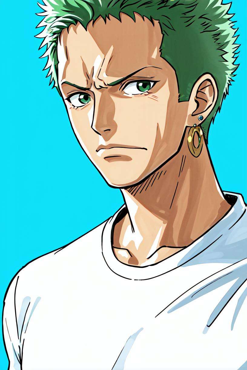 oda eiichirou, 1boy, earrings, frown, green hair, highres, jewelry, looking at viewer, male focus, official art, one piece, roronoa zoro, sandai kitetsu, shirt, simple background, solo<lora:oda_eiichirou:0.5>