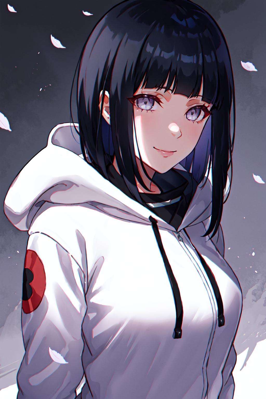 hinata, hyuuga_hinata, 1girl, bangs, empty_eyes, black_hair, blunt_bangs, grey_eyes, grey_sleeves, headband_around_neck, highres, hime_cut, hooded_cardigan, long_sleeves, looking_at_viewer, petals,  smile, solo, straight_hair, upper_body, hooded_jacket, sexy