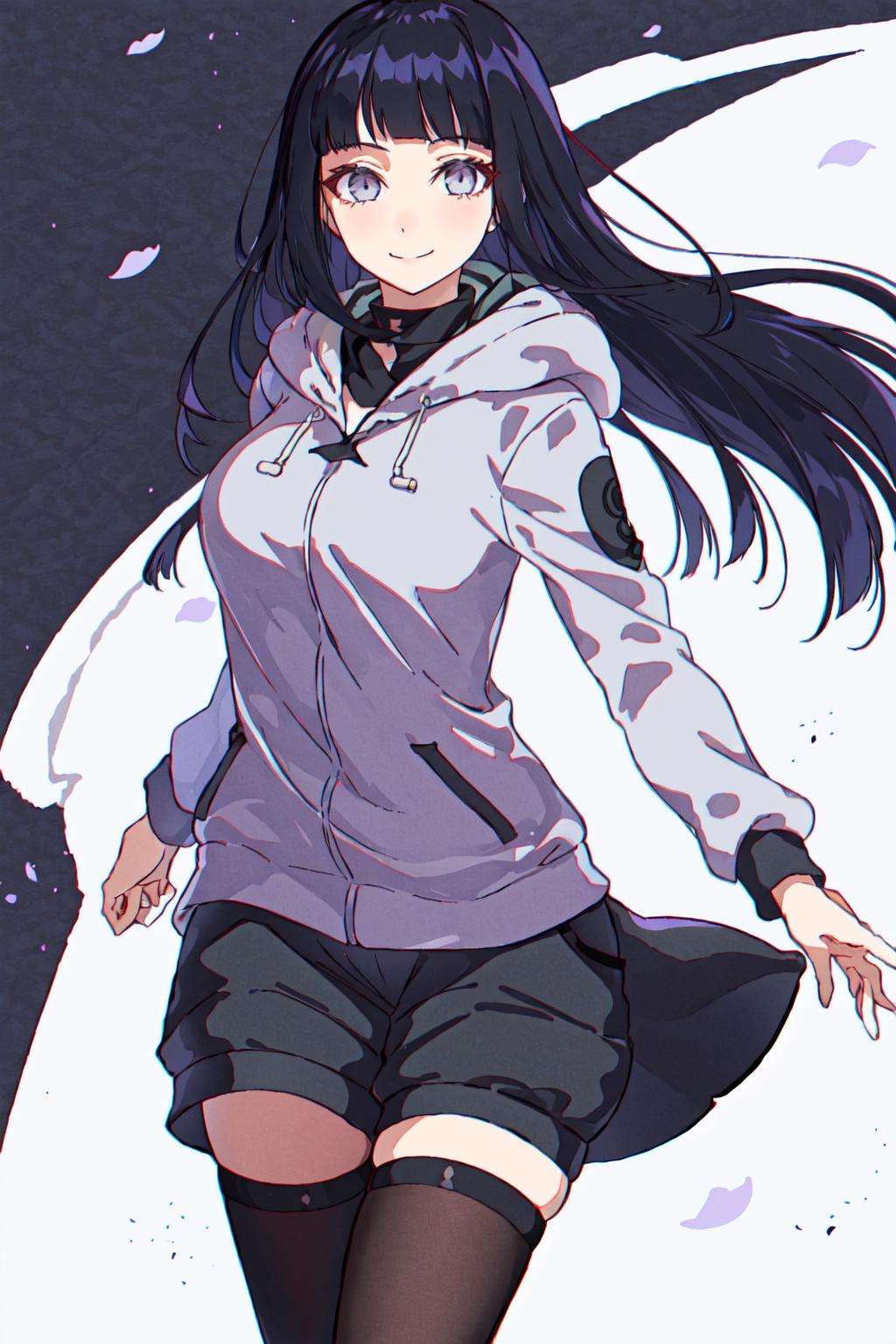 hinata, hyuuga_hinata, 1girl, bangs, empty_eyes, black_hair, blunt_bangs, grey_eyes, grey_sleeves, headband_around_neck, highres, hime_cut, hooded_cardigan, long_sleeves, looking_at_viewer, petals,  smile, solo, straight_hair, upper_body, hooded_jacket, full_body