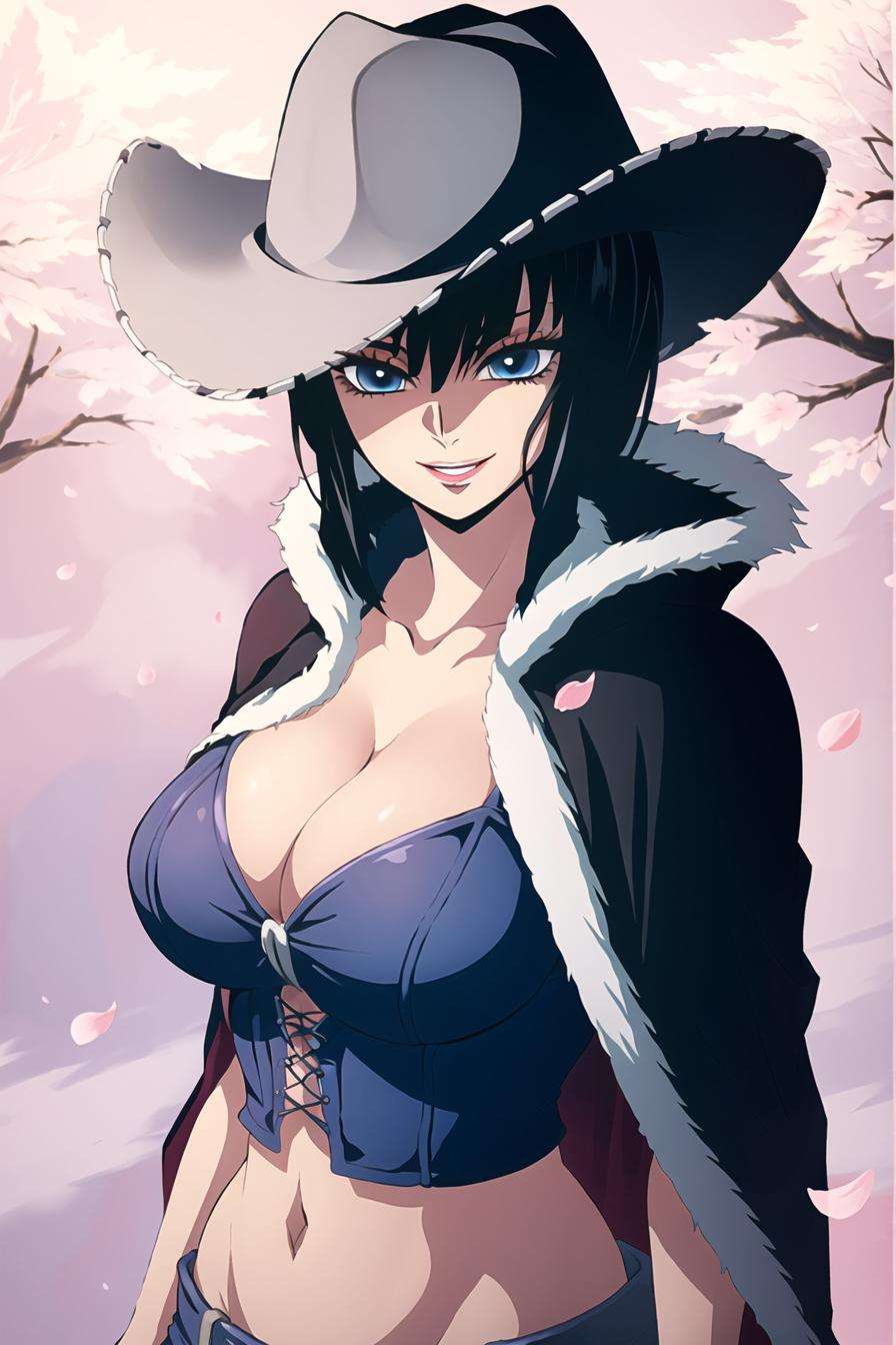 kimetsu no yaiba style, nico robin, 1girl, black bustier, black hair, blue eyes, breasts, bustier, cape, cherry blossoms, cleavage, collarbone, cowboy hat, crop top, cross-laced clothes, eyelashes, fur-trimmed cape, fur trim, grin, hands in hair, hat, large breasts, lips, long hair, looking at viewer, navel, parted lips, petals, simple background, smile, solo, upper body, anime coloring,  ((masterpiece)) <lora:kimetsu_no_yaiba_style_offset:1>  <lora:nico_robin_pre_timeskip_offset:1>