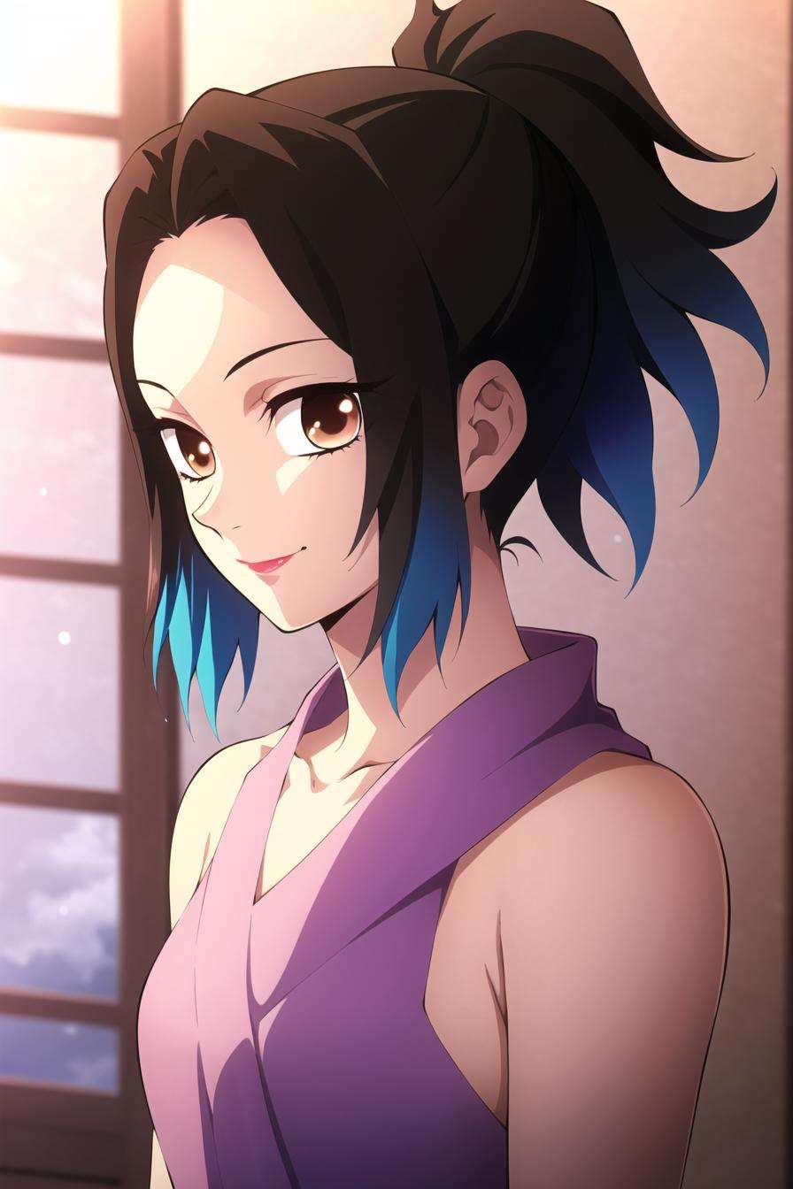 kimetsu no yaiba style,1girl, solo, looking at viewer, brown hair, brown eyes, blurry background, blurry, multicolored hair, ponytail, black hair, upper body, dress, flower, bare shoulders, smile, lipstick, closed mouth,  anime coloring,  ((masterpiece)) <lora:kimetsu_no_yaiba_style_offset:1>