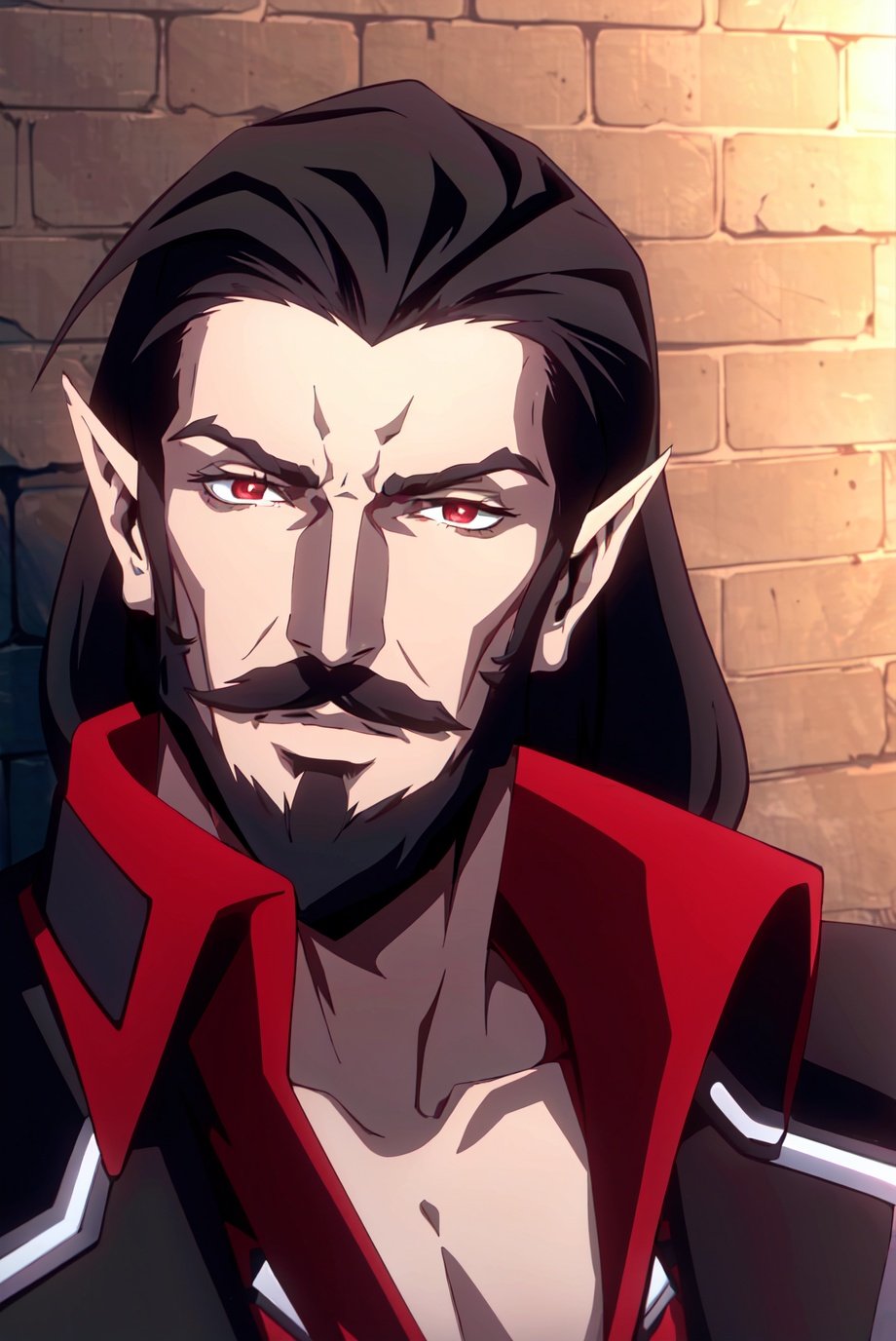 castlevania style, 1boy, facial hair, male focus, solo, pointy ears, red eyes, long hair, mustache, beard, vampire, looking at viewer, brick wall, black hair, brown hair, upper body, ((masterpiece))<lora:castlevania_style_offset:1>