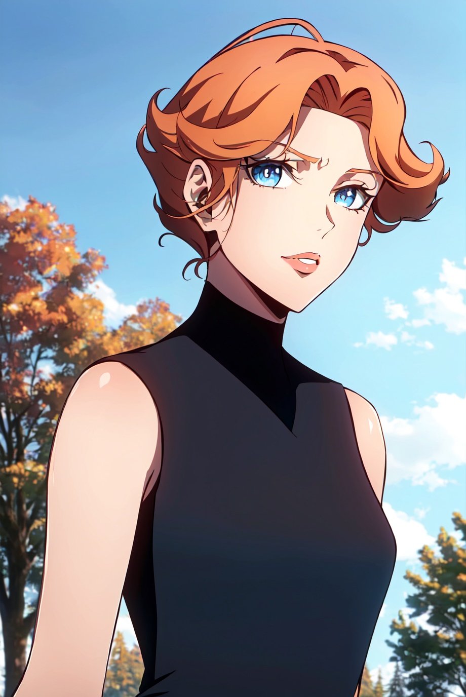 castlevania style, solo, blue eyes, 1girl, short hair, parody, orange hair, looking at viewer, upper body, tree, sky, retro artstyle, ((masterpiece))<lora:castlevania_style_offset:1>