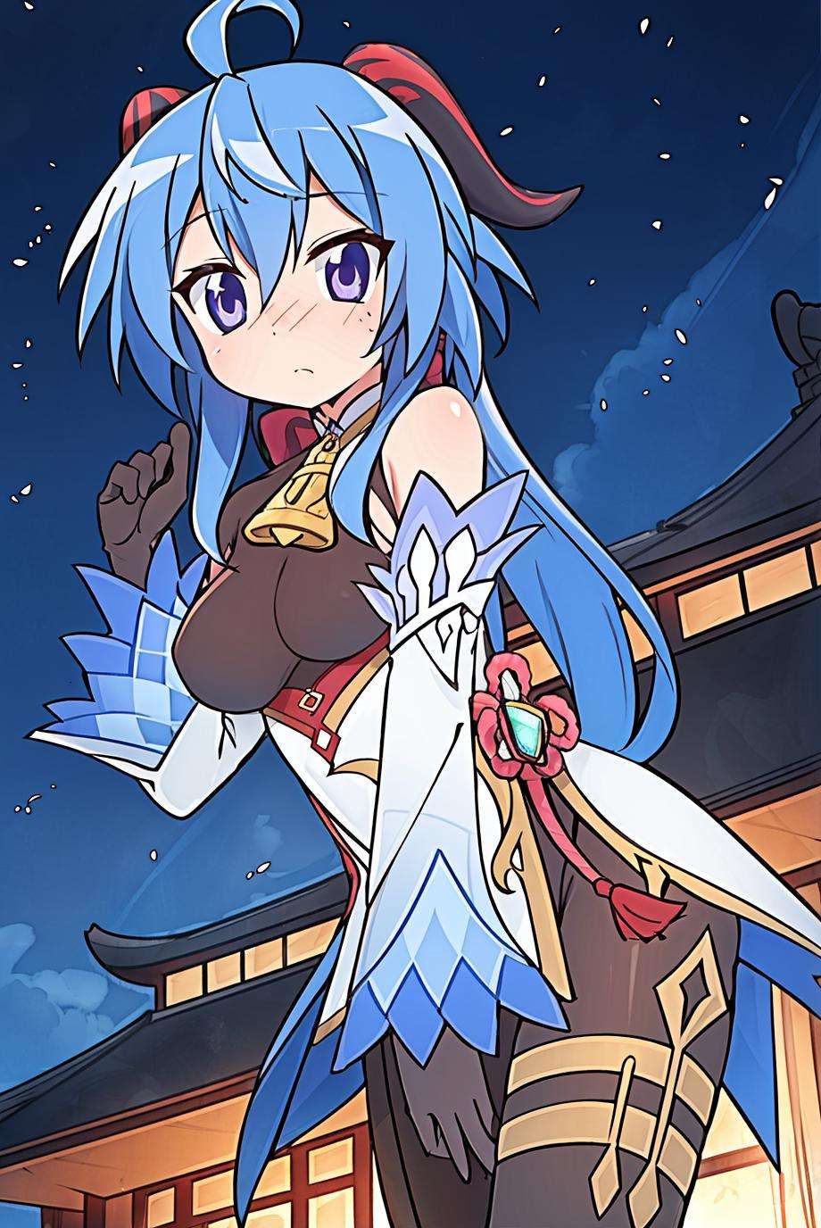 lucky star, ganyu \(genshin impact\), 1girl, ahoge, architecture, bangs, bare shoulders, bell, black gloves, black pantyhose, ((blue hair)), blush, breasts, chinese knot, detached sleeves, east asian architecture, flower knot, gloves, horns, long hair, looking at viewer, medium breasts, neck bell, night, outdoors, pantyhose, purple eyes, sidelocks, solo, tassel,  white sleeves, ((masterpiece)) <lora:ganyu_ned2_offset:1> <lora:lucky_star_offset:1>