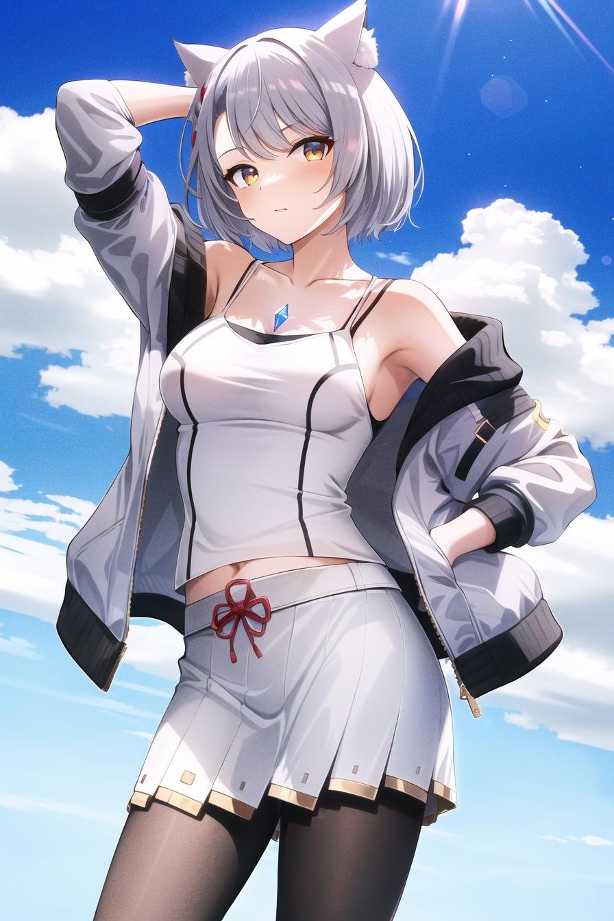 mio \(xenoblade\),1girl, animal ears, armpits, arms behind back, bare shoulders, blue sky, breasts, camisole, cat ears, (chest jewel), cloud, cloudy sky, collarbone, hand on hip, hand on own head, jacket, leggings, looking at viewer, medium breasts, navel, pantyhose, pleated skirt, shoulder strap, sideboob, skirt, sky, solo, tank top, white camisole, white jacket, white skirt, white tank top<lora:mio:0.6>