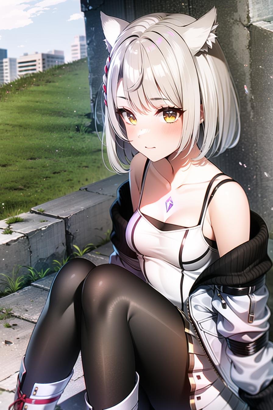 mio \(xenoblade\),1boy, 1girl,  animal ears , black pantyhose, boots, breasts, camisole, chest jewel, closed mouth, grey hair, jacket, knee boots, outdoors, pantyhose, short hair, shoulder strap, skirt, small breasts, tank top, white camisole, white footwear, white jacket, white skirt, white tank top, yellow eyes,<lora:mio:0.6>