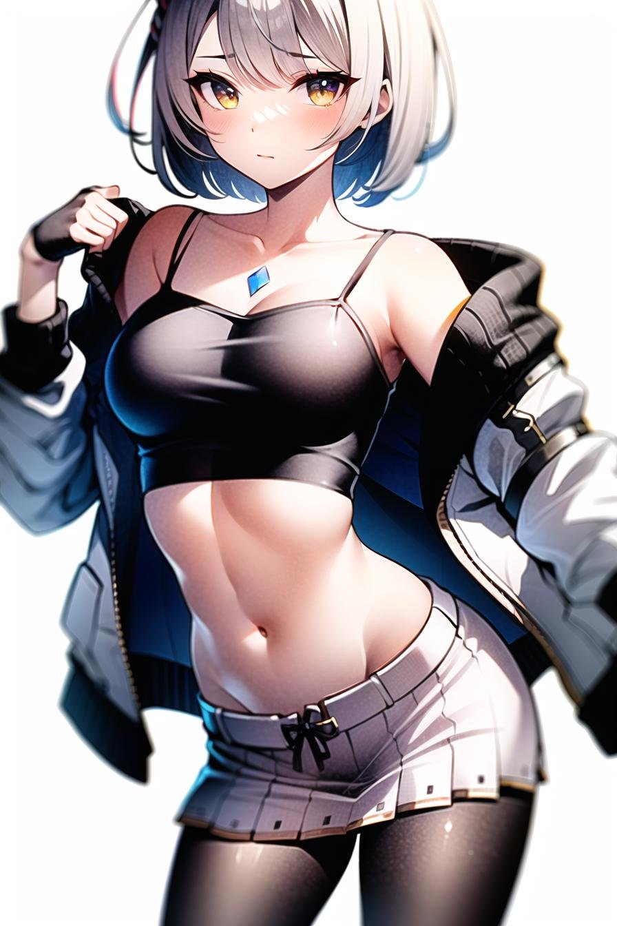 mio \(xenoblade\),1girl, animal ears, bare shoulders, black pantyhose, black shirt, breasts, camisole, clothes pull, contrapposto, crop top, expressionless, jacket, long sleeves, looking at viewer, medium breasts, midriff, miniskirt, navel, off shoulder, pantyhose, pleated skirt, pulled by self, shirt, shirt pull, short hair, simple background, skirt, sleeveless, sleeveless shirt, solo, spaghetti strap, standing, stomach, strap slip, undershirt, white background, white hair, white jacket, white shirt, white skirt, yellow eyes,<lora:mio:0.6>