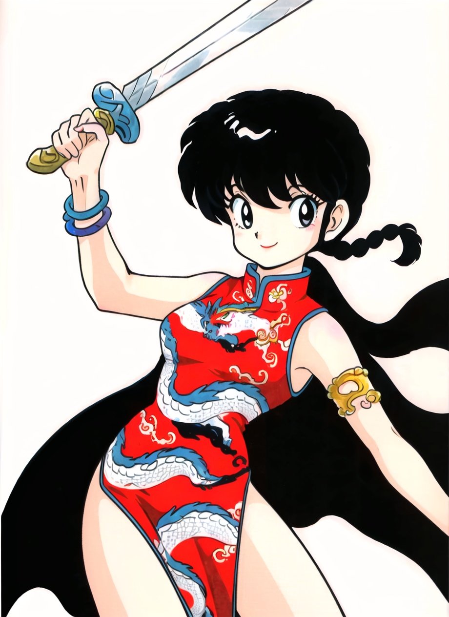 takahashi rumiko, ranma-chan, 1980s \(style\), 1girl, short hair, braid, armlet, black eyes, black hair, bracelet, china dress, chinese clothes, dragon print, dress, holding sword, jewelry, long hair, retro artstyle, simple background, sleeveless dress, smile, solo, white background <lora:takahashi_rumiko_offset:1>